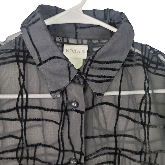 Koret Sheer Black Button Down Blouse Size 8 Grid Pattern Lightweight Long Sleeve - Picture 2 of 10